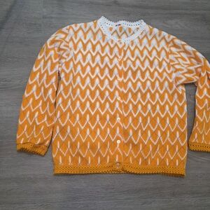 Vintage Chevron Acrylic Knit Cardigan Womans M Orange & White Bohemian BoHo